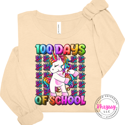 Soft cream unicorn rainbow 100 Days Of School tee with crayon accents.