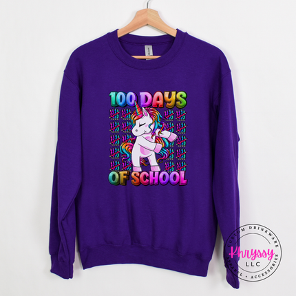 Purple 100th day of school crewneck with a bright rainbow crayon print.