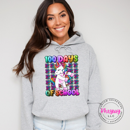 ash 100th day of school hoodie with a bright rainbow crayon print.