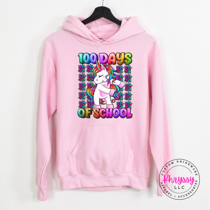 Light pink colored 100 Days Of School unicorn hoodie.