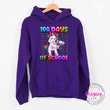 purple unicorn rainbow 100 Days Of School hoodie with crayon accents.