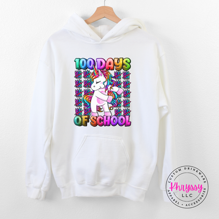 white hoodie featuring a colorful unicorn 100 Days Of School design.