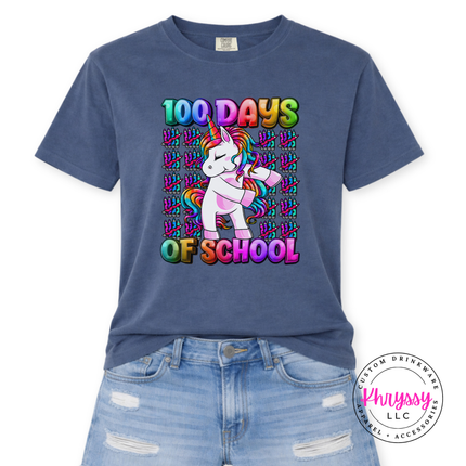Denim colored 100 Days Of School tee featuring a rainbow unicorn design.