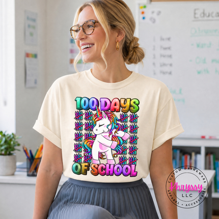 Ivory 100th day of school shirt with a colorful crayon unicorn print.