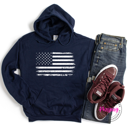 Navy pullover hoodie with a bold white vintage flag graphic across the chest.
