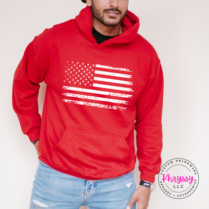 Red pullover hoodie displaying a white distressed patriotic flag print.
