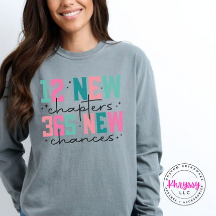Close up of the New Year art on a Gray long sleeve tee.