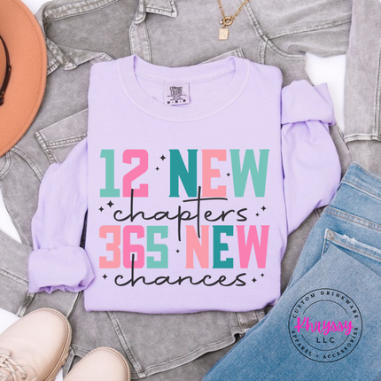 Close up of the New Year art on an Orchid long sleeve tee.
