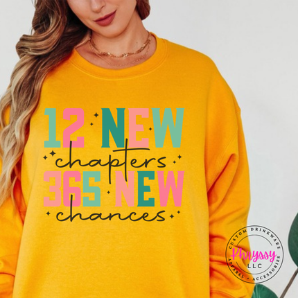 Close up of the New Year art on a Gold crewneck sweatshirt.