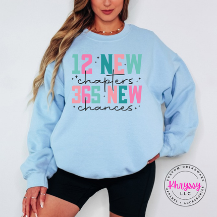 Light Blue crewneck sweatshirt showing colorful New Year lettering and black script.