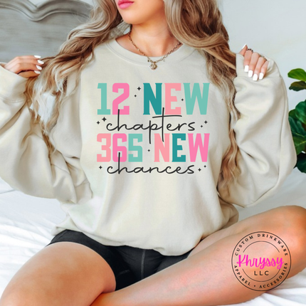 Model wearing the 12 New Chapters New Year crewneck sweatshirt in Sand.