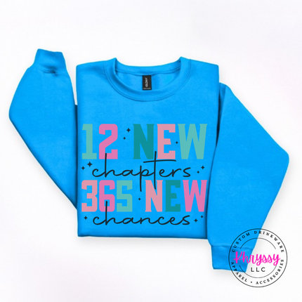 Close up of the New Year art on a Sapphire crewneck sweatshirt.