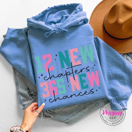 Model wearing the 12 New Chapters New Year hoodie in Carolina Blue.