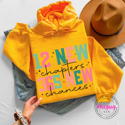 Close up of the New Year art on a Gold hoodie.