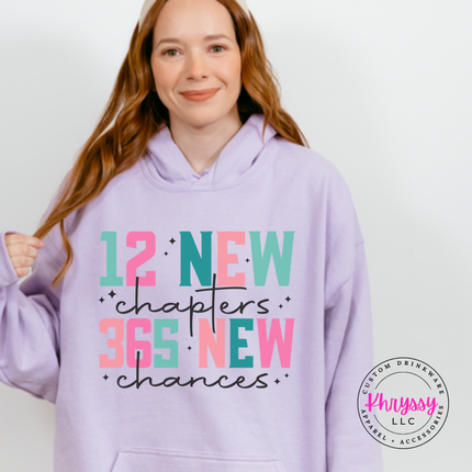 Model wearing the 12 New Chapters New Year hoodie in Orchid.