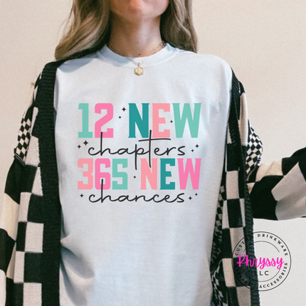 Close up of the New Year art on a Chambray tee.