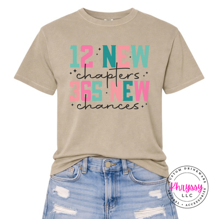 Model wearing the 12 New Chapters New Year tee in Khaki.