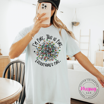 Chambray tee featuring a tangled ball of colorful holiday lights.