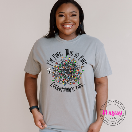 Close up of the Everything's Fine tangled lights on a Gray tee.