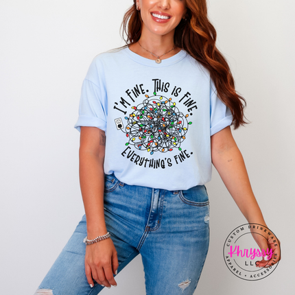 Hydrangea tee with I'm Fine This Is Fine and tangled Christmas lights.