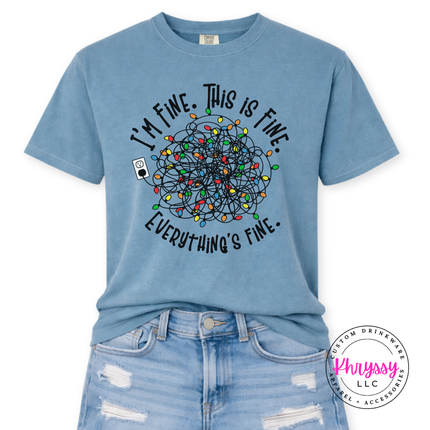 Tangled Christmas lights and Everything's Fine lettering on an Ice Blue tee.