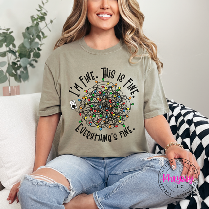 Khaki tee featuring a tangled ball of colorful holiday lights.