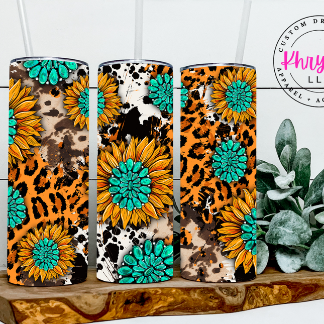 Sunflowers and Cowhide 20oz Tumbler with Straw