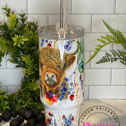 READY TO SHIP: 40oz Highland Cow Wildflower Tumbler - Stay Refreshed in Rustic Style!