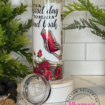 READY TO SHIP 20oz Roses & Pages Skeleton Reading Tumbler - Embrace the Day with a Bad Book