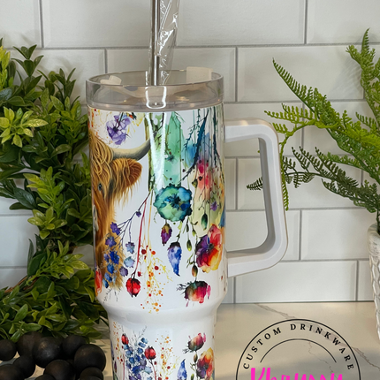 READY TO SHIP: 40oz Highland Cow Wildflower Tumbler - Stay Refreshed in Rustic Style!