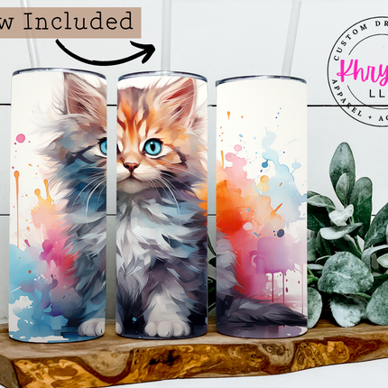 Whimsical Watercolor Cat-Themed 20oz Tumbler with Straw