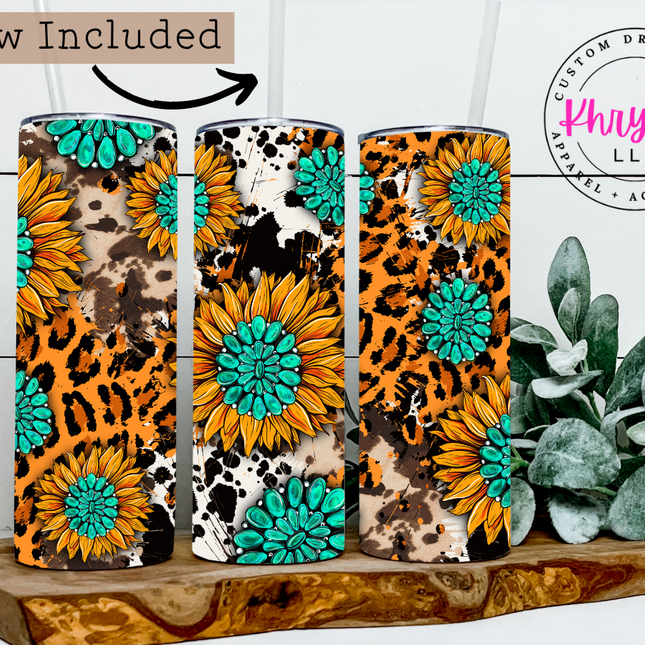 Sunflowers and Cowhide 20oz Tumbler with Straw