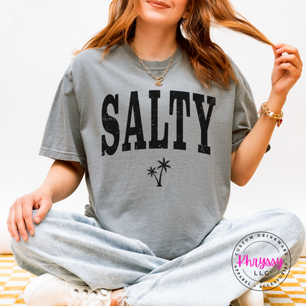 Granite garment-dyed tee with a black distressed SALTY varsity and palm tree graphic.