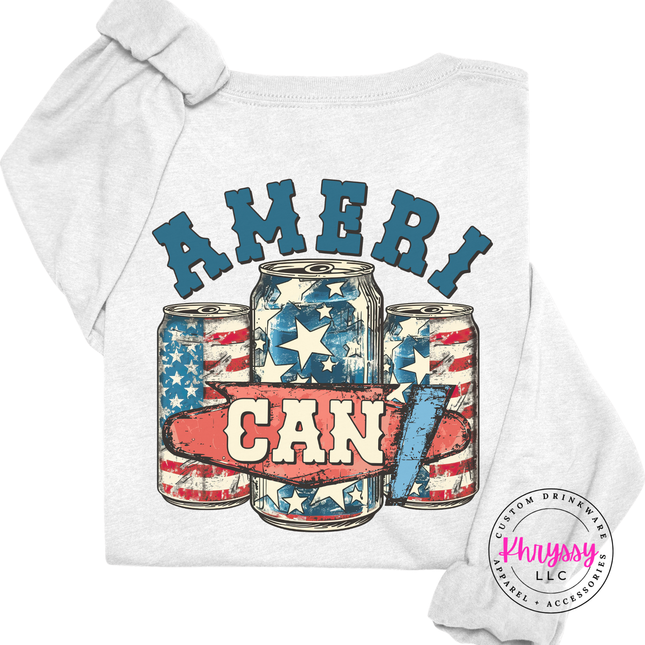 Ash long sleeve tee with a vintage Ameri-Can beer-can graphic across the back.