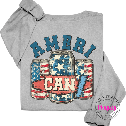 Athletic Heather long sleeve tee featuring a distressed patriotic beer-can back print.