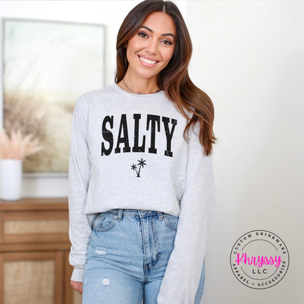Ash long sleeve tee with a black distressed SALTY varsity and palm tree graphic.