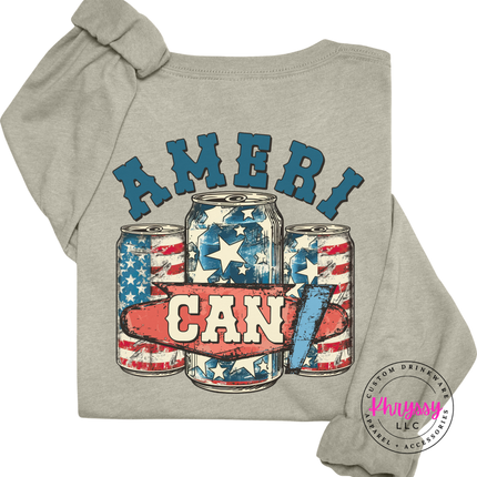 Heather Stone long sleeve tee showing a retro Americana beer-can back graphic.