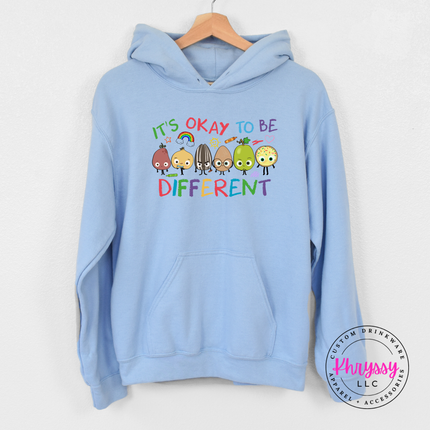 Cheerful colorful classroom inclusion statement hoodie on light blue Gildan with bright character detail