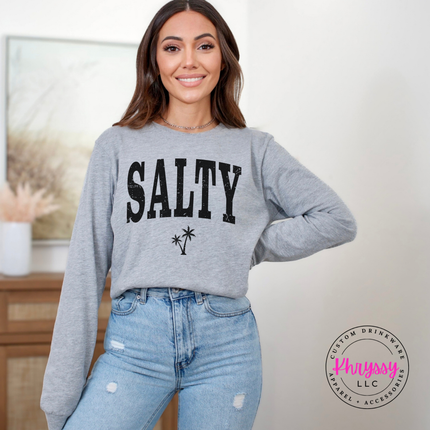 Athletic Heather long sleeve tee featuring a black SALTY beach print with a palm tree.