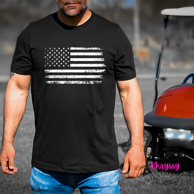 Black long sleeve tee with a white distressed American flag graphic on the chest.