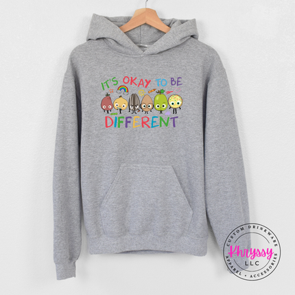 Warm neutral sport grey Gildan hoodie featuring bold colorful it’s okay to be different inclusion teacher print