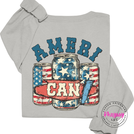 Silver long sleeve tee displaying a vintage patriotic beer-can back print.