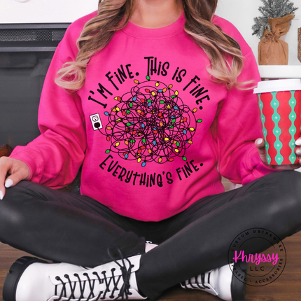 Heliconia crewneck sweatshirt featuring a tangled ball of colorful holiday lights.