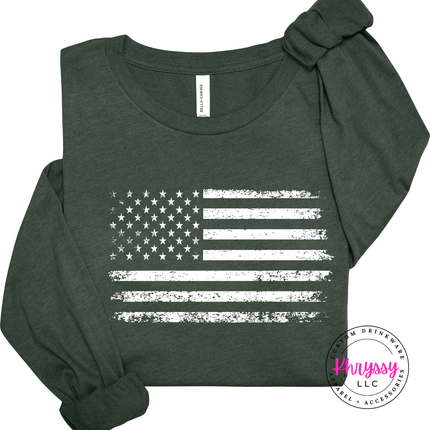 Forest long sleeve tee featuring a weathered stars-and-stripes flag print in white.