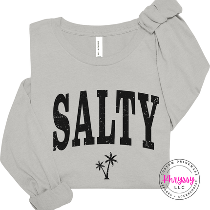 Silver long sleeve tee with a black SALTY varsity and palm tree design.