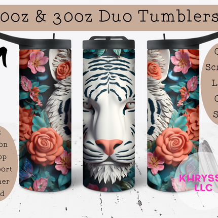 3D 20oz Tiger Tumbler with Straw