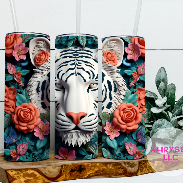 3D 20oz Tiger Tumbler with Straw