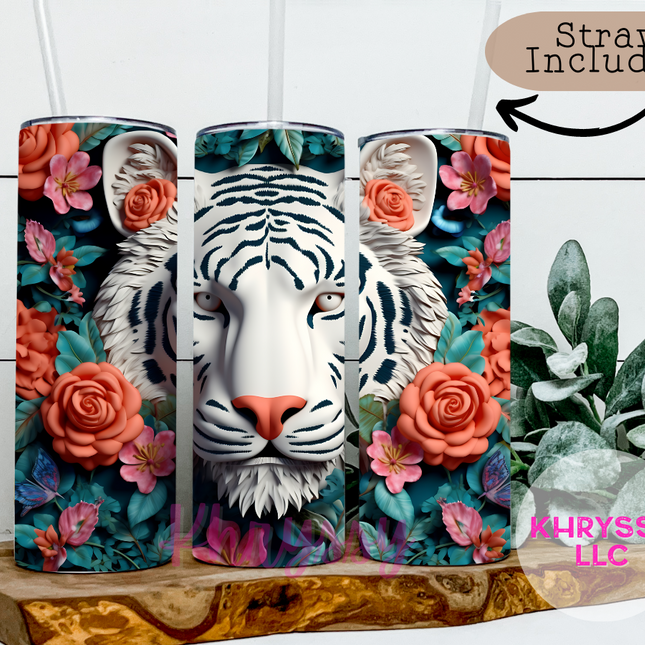 3D 20oz Tiger Tumbler with Straw