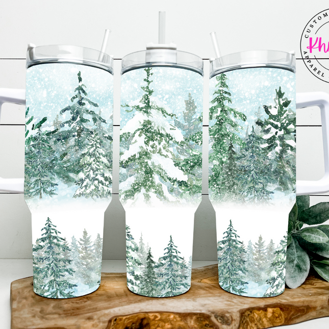 Snowcapped Fern Trees Winter Scene 40oz Tumbler with Metal Straw
