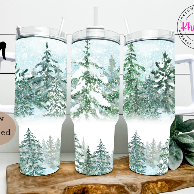 Snowcapped Fern Trees Winter Scene 40oz Tumbler with Metal Straw